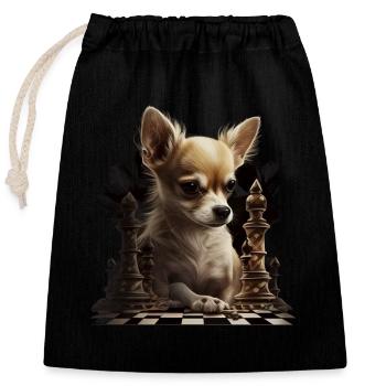 Chihuahua | Schach | Schachspieler Brett Königin - Verschließbarer Geschenkbeutel aus Baumwolle (25x30cm) - Schwarz - Vorne