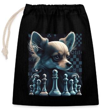 Chihuahua | Schach | Schachspieler Brett Königin - Verschließbarer Geschenkbeutel aus Baumwolle (25x30cm) - Schwarz - Vorne