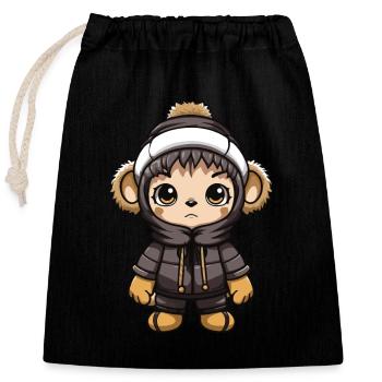 Singe Hiver Bande Dessinée Mignon - Sac cadeau en coton avec cordon (25 x 30 cm) - noir - Devant