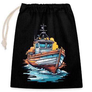 Pêcheur en bateau et pêche d’aventure - Sac cadeau en coton avec cordon (25 x 30 cm) - noir - Devant