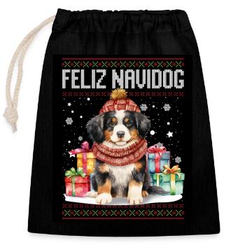 Berner Hund Feliz Navidog - Feliz Navidad Weihnachten - Verschließbarer Geschenkbeutel aus Baumwolle (25x30cm) - Schwarz - Vorne