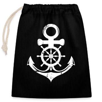 Vintage Anker mit Steuerrad, Maritim, Nautik - Verschließbarer Geschenkbeutel aus Baumwolle (25x30cm) - Schwarz - Vorne