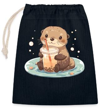Kawaii Loutre Boissons Boba Bubble Tea Chibi - Sac cadeau en coton avec cordon (25 x 30 cm) - bleu marine - Devant