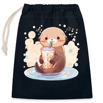 Kawaii Loutre Boissons Boba Bubble Tea Chibi - Sac cadeau en coton avec cordon (25 x 30 cm) - bleu marine - Devant