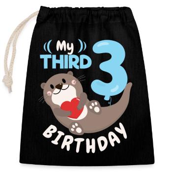 3ème anniversaire, 3 ans, loutre kawaii, dicton - Sac cadeau en coton avec cordon (25 x 30 cm) - noir - Devant