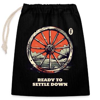 Ready to settle down: Settlers' Wagon Wheel - Closable cotton gift bag (25x30cm) - black - Front