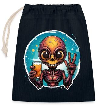 Alien trinkt ein Bier und freut sich dabei. - Verschließbarer Geschenkbeutel aus Baumwolle (25x30cm) - Navy - Vorne