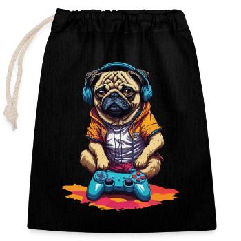 Lustiger Nerd Gaming Mops Hund mit Controller - Verschließbarer Geschenkbeutel aus Baumwolle (25x30cm) - Schwarz - Vorne