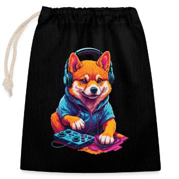Gaming Shiba Hund Nerd mit Retro Controller - Verschließbarer Geschenkbeutel aus Baumwolle (25x30cm) - Schwarz - Vorne