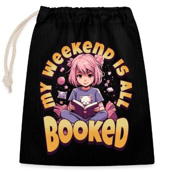 Fully Booked Weekend Kawaii Anime Girl Bücherwurm - Verschließbarer Geschenkbeutel aus Baumwolle (25x30cm) - Schwarz - Vorne
