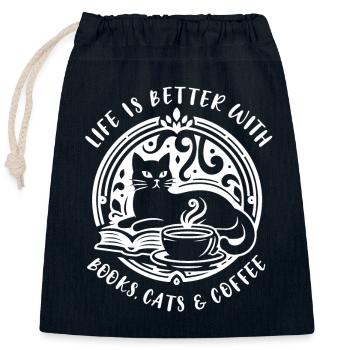 Lebe glücklich mit Katzen Kaffee Bücher Katzenmama - Verschließbarer Geschenkbeutel aus Baumwolle (25x30cm) - Navy - Vorne