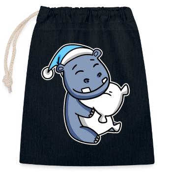 Hippopotame avec oreiller et bonnet somnolent - Sac cadeau en coton avec cordon (25 x 30 cm) - bleu marine - Devant