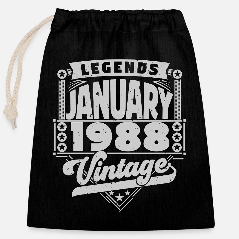 Vintage Anniversaire Janvier 1988, Janvier 1988. - Sac cadeau en coton avec cordon (25 x 30 cm) - noir