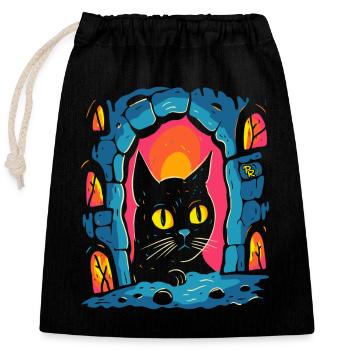 A work of art: Cartoon of a cat in a dungeon - Closable cotton gift bag (25x30cm) - black - Front