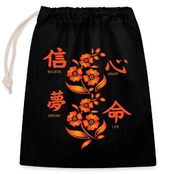 Japanischer Rückendruck Schriftzeichen und Blumen - Verschließbarer Geschenkbeutel aus Baumwolle (25x30cm) - Schwarz - Vorne