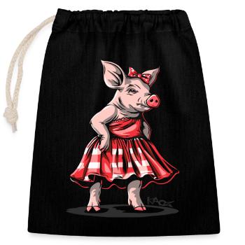 Miss 50s Rockabilly Schwein im Karo Kleid - Verschließbarer Geschenkbeutel aus Baumwolle (25x30cm) - Schwarz - Vorne