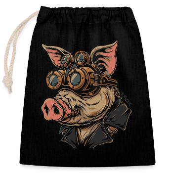 Steampunk Schwein: Schweinchen mit Schutzbrille - Verschließbarer Geschenkbeutel aus Baumwolle (25x30cm) - Schwarz - Vorne
