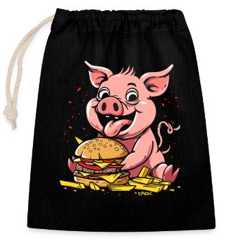Fast food french fries burger pig - Closable cotton gift bag (25x30cm) - black - Front
