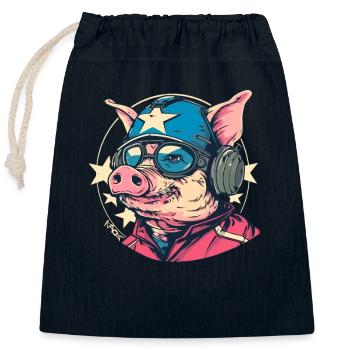 Cochon de dessin animé pilote cool et résistant - Sac cadeau en coton avec cordon (25 x 30 cm) - bleu marine - Devant