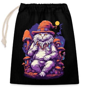 Chat forêt champignons psychédélique Goa Trance Art - Sac cadeau en coton avec cordon (25 x 30 cm) - noir - Devant