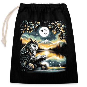 Owl Reading Book – Full Moon Seascape - Closable cotton gift bag (25x30cm) - black - Front