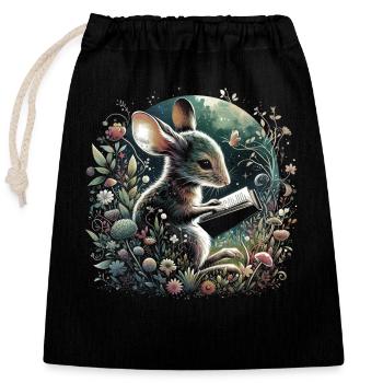 Mouse Reading Book – Full Moon Seascape - Closable cotton gift bag (25x30cm) - black - Front