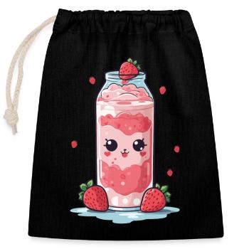 Raspberries Kawaii Anime Milkshake Fun - Closable cotton gift bag (25x30cm) - black - Front