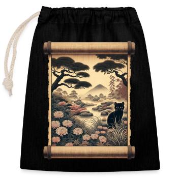 Mt. Fuji Flower Papyrus Scroll Retro - Closable cotton gift bag (25x30cm) - black - Front