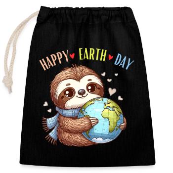 Happy Earth Day Faultier Welt Globus Herz Natur - Verschließbarer Geschenkbeutel aus Baumwolle (25x30cm) - Schwarz - Vorne