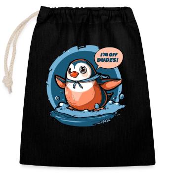 Penguin goes home: "I'm gone, guys!" - Closable cotton gift bag (25x30cm) - black - Front