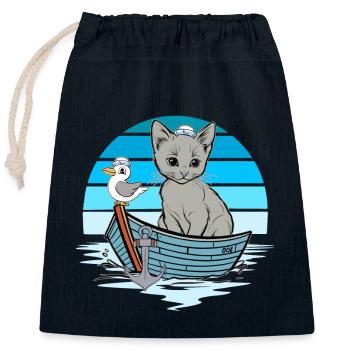 Kitten, Seagull, Seafarer, Sailor, Boat - Closable cotton gift bag (25x30cm) - navy - Front