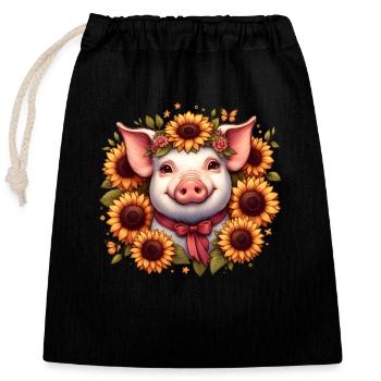 Cochon avec arc et tournesols - Sac cadeau en coton avec cordon (25 x 30 cm) - noir - Devant