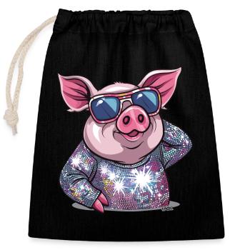 Glitzer Disco Tanz-Diva Schwein - Verschließbarer Geschenkbeutel aus Baumwolle (25x30cm) - Schwarz - Vorne
