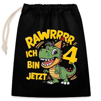 4 Kindergeburtstag Dino - Verschließbarer Geschenkbeutel aus Baumwolle (25x30cm) - Schwarz - Vorne