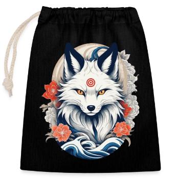 Weißer Kitsune Fuchs Japanische Kirschblüten - Verschließbarer Geschenkbeutel aus Baumwolle (25x30cm) - Schwarz - Vorne