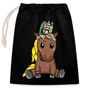 Poney Hippie Poulain Cheval Ross Plumes Gaule - Sac cadeau en coton avec cordon (25 x 30 cm) - noir - Devant