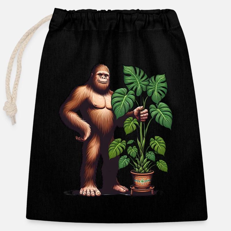 Bigfoot mit Monstera Pflanze - Verschließbarer Geschenkbeutel aus Baumwolle (25x30cm) - Schwarz