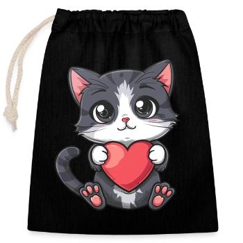 Cute Kitten Holding Heart with Big Eyes and Pink - Closable cotton gift bag (25x30cm) - black - Front