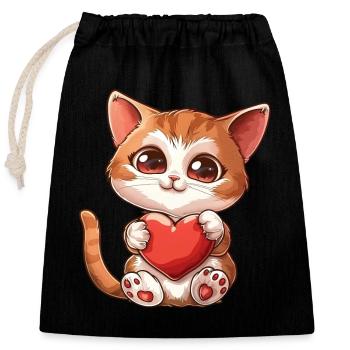 Adorable Kitten Holding Heart With Big Eyes - Closable cotton gift bag (25x30cm) - black - Front