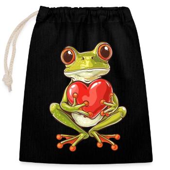 Adorable Frog Holding Heart with Big Eyes and - Closable cotton gift bag (25x30cm) - black - Front