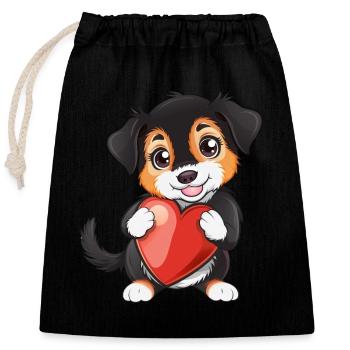 Adorable Puppy Holding Heart With Cute Big Eyes - Closable cotton gift bag (25x30cm) - black - Front