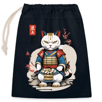 Samurai Katze im Asiatischen Ukiyo-E Stil - Verschließbarer Geschenkbeutel aus Baumwolle (25x30cm) - Navy - Vorne