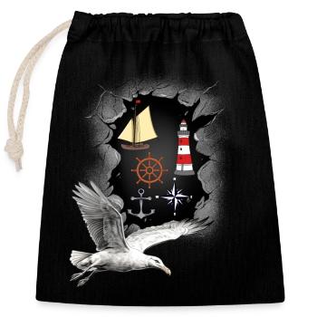 North Sea Lighthouse Lighthouses Seagulls Maritime Ship - Closable cotton gift bag (25x30cm) - black - Front