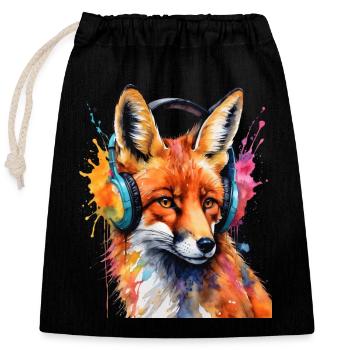 Fuchs Kopfhörer Musik Bunt Tier Design Print - Verschließbarer Geschenkbeutel aus Baumwolle (25x30cm) - Schwarz - Vorne