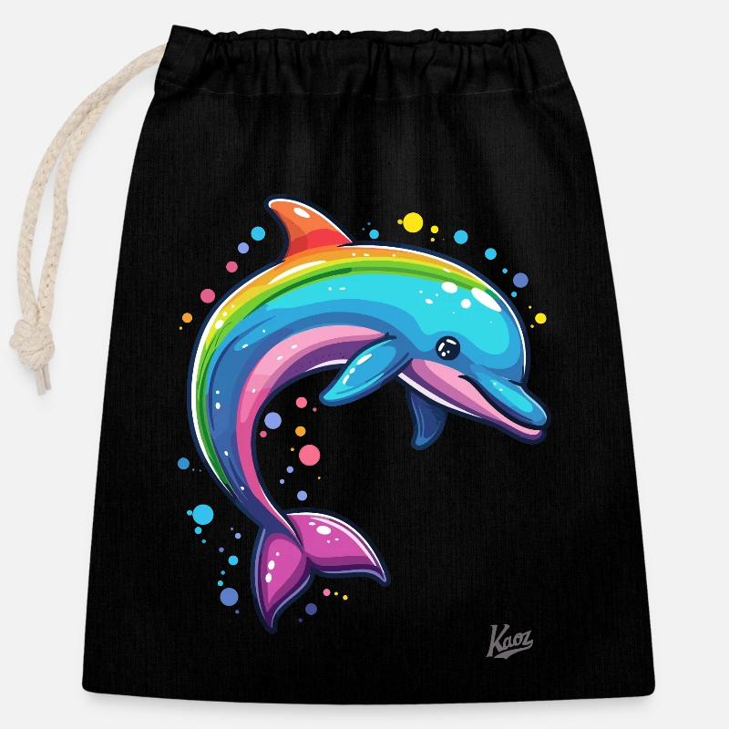 Bunt und fröhlich: Regenbogen Glücklicher Delfin - Verschließbarer Geschenkbeutel aus Baumwolle (25x30cm) - Schwarz