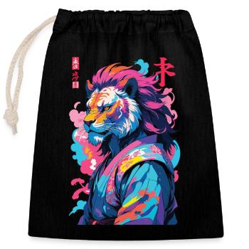 Samurai Lion Aesthetic Vaporwave Style - Closable cotton gift bag (25x30cm) - black - Front