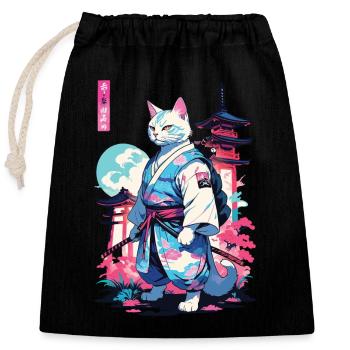 Samurai Katze Vaporwave Aesthetic Japan Style - Verschließbarer Geschenkbeutel aus Baumwolle (25x30cm) - Schwarz - Vorne