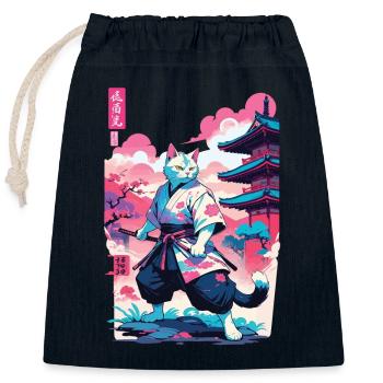 Chat samouraï Vaporwave Esthétique Japon Art - Sac cadeau en coton avec cordon (25 x 30 cm) - bleu marine - Devant