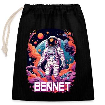 BENNET - Schöner Jungen Name mit coolem Astronaut - Verschließbarer Geschenkbeutel aus Baumwolle (25x30cm) - Schwarz - Vorne