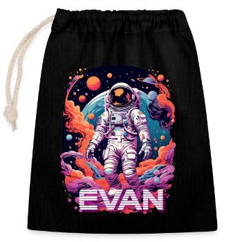 EVAN - Schöner Jungen Name mit coolem Astronaut - Verschließbarer Geschenkbeutel aus Baumwolle (25x30cm) - Schwarz - Vorne